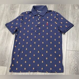 Polo Ralph Lauren Shield Crest All Over Print Shirt Mens Navy Blue Sz SMALL EUC